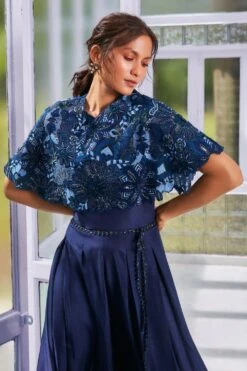 SVA Deep Blue Jumpsuit With An Embroidered Cape -Inca Sales Store 308svaw23 2