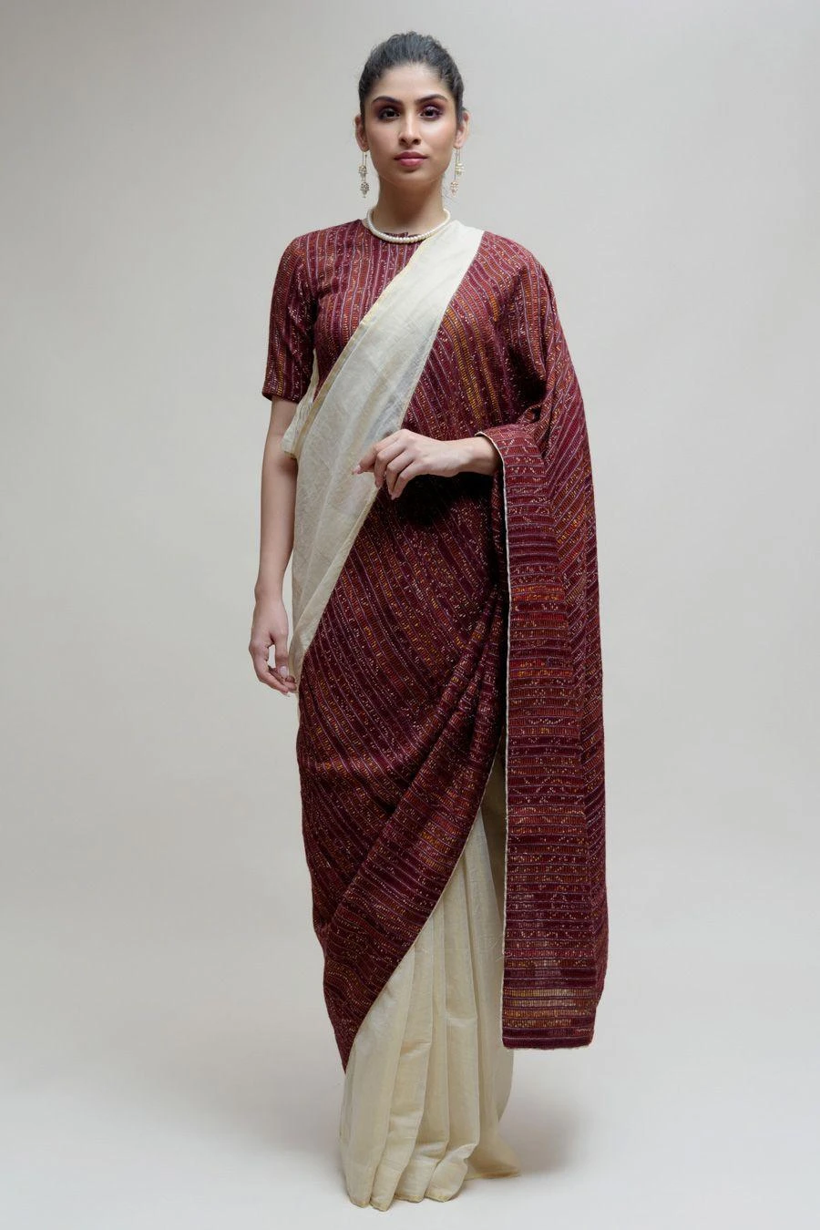 Naina Jain Off White & Brown Chanderi Tissue Sari Set 3 Naina Jain Off White & Brown Chanderi Tissue Sari Set
