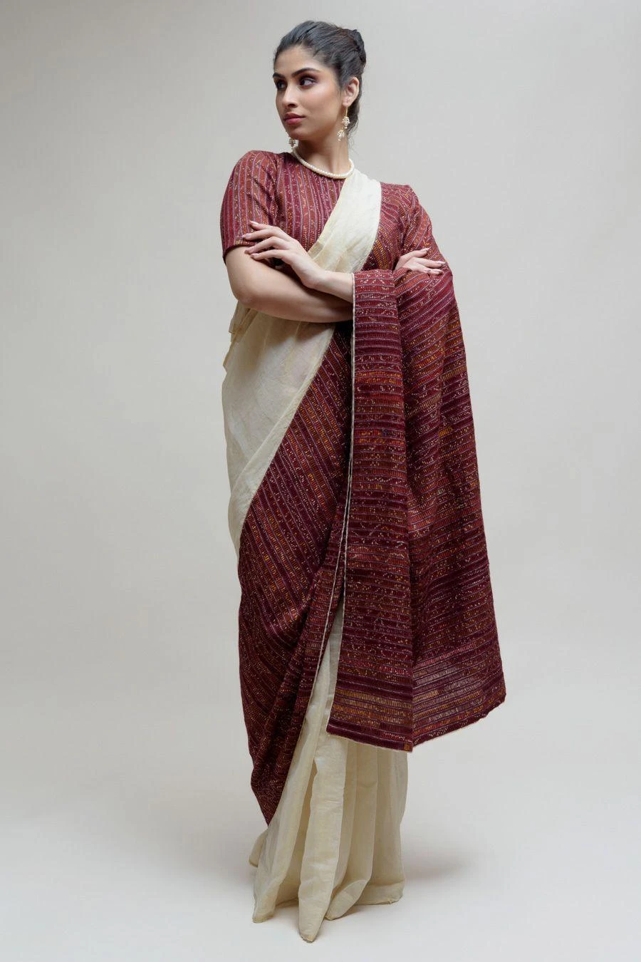 Naina Jain Off White & Brown Chanderi Tissue Sari Set 4 Naina Jain Off White & Brown Chanderi Tissue Sari Set - Image 2