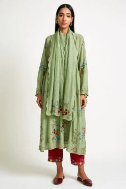 Payal Pratap Sage Green Chanderi Embroidered Scarf