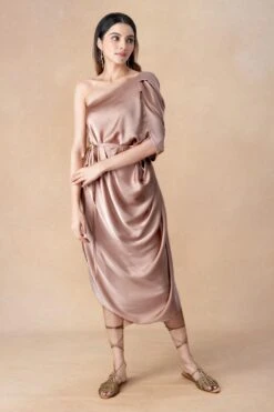 Stephany Beige One Shoulder Draped Midi Dress