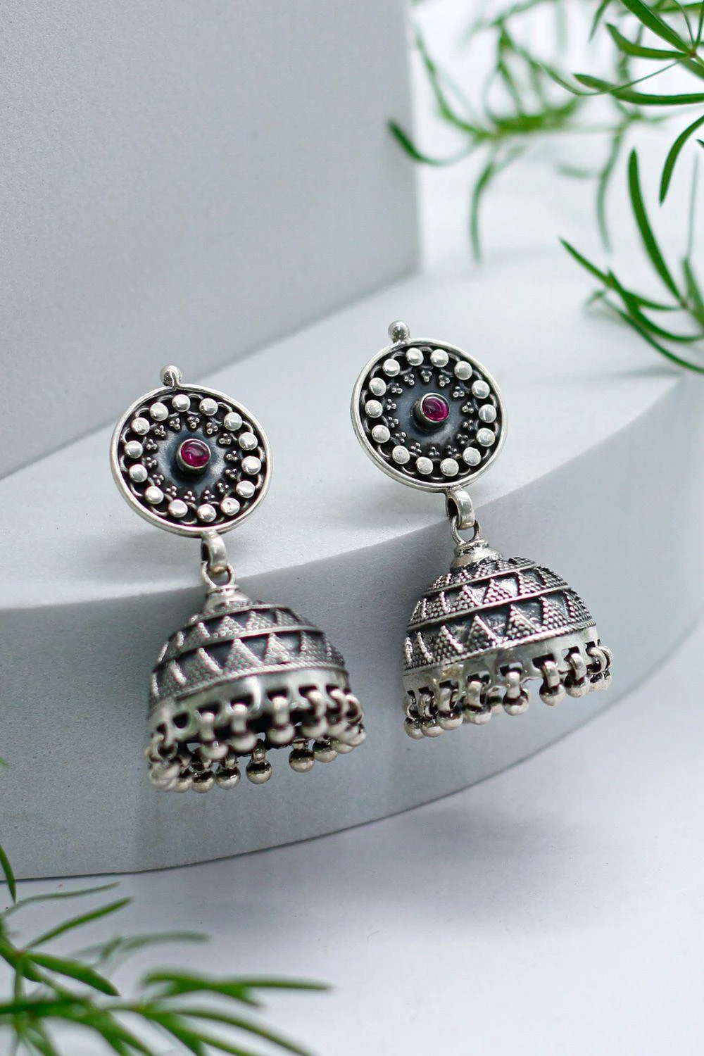 Sangeeta Boochra Ethereal Silver & Ruby Hand-crafted Jhumkas 4 Sangeeta Boochra Ethereal Silver & Ruby Hand-crafted Jhumkas - Image 2