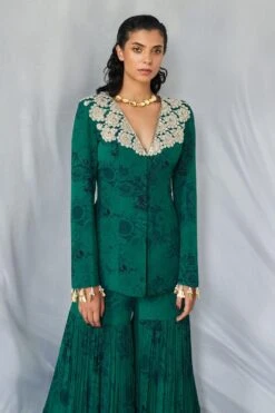 Bhumika Sharma Teal & Black Blossom Embellished Jacket Set -Inca Sales Store 31823bs12 2
