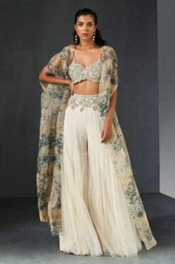 Bhumika Sharma Champagne-Blue Embellished Cape Set