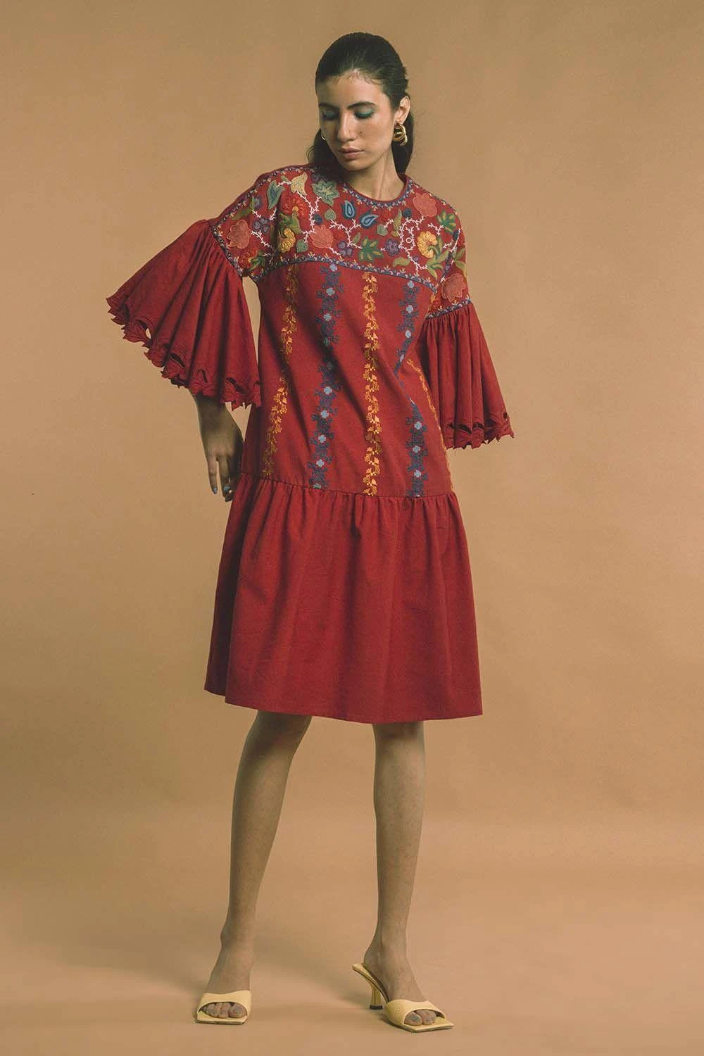 Chandrima Gathered Dress With Embroiderd Yoke 3 Chandrima Gathered Dress With Embroiderd Yoke