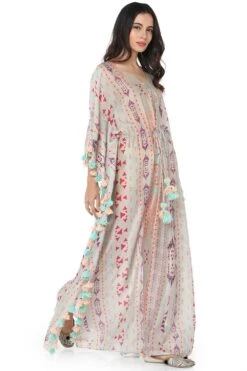 PS Pret By Payal Singhal Grey Ikat Silkmul Kaftan With Tassels -Inca Sales Store 319ps10 2