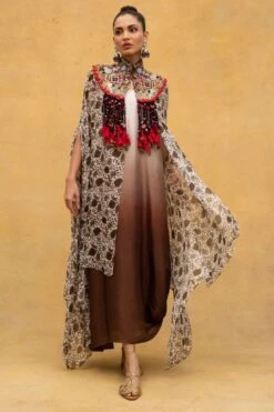 Anamika Khanna Beige Embellished Chiffon Cape & Dress