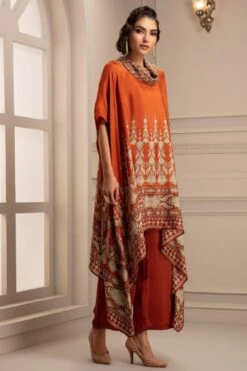 Rajdeep Ranawat Rust Printed Cowl Neck Kaftan Set