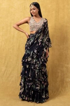 Arpita Mehta Black Floral Tiered Sari Set
