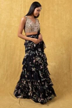 Arpita Mehta Black Floral Tiered Sari Set -Inca Sales Store 33ap2 3