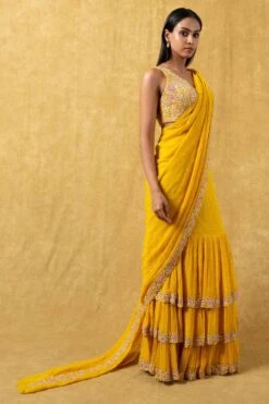 Arpita Mehta Yellow Hand Embellished Tiered Sari Set -Inca Sales Store 33ap5 3