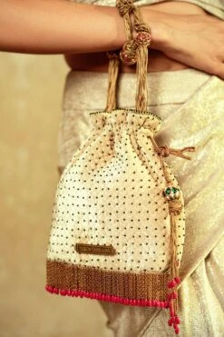 Tarun Tahiliani Accessories Ivory Fringed Potli Bag