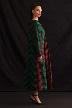 Amrich Emma Red & Green Silk Woven Pleated Shibori Dress -Inca Sales Store 41123am25 2