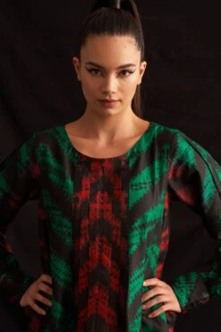 Amrich Emma Red & Green Silk Woven Pleated Shibori Dress -Inca Sales Store 41123am25 3