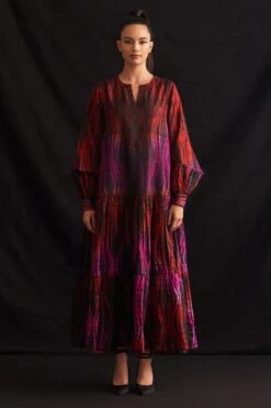 Amrich Mayra Red & Pink Silk-Woven Shibori Tiered Dress