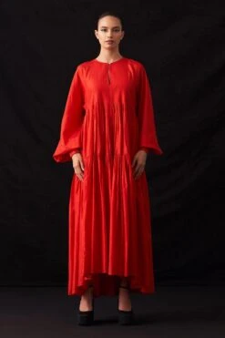 Amrich Ari Rose Red Silk Woven Pleated Tiered Dress