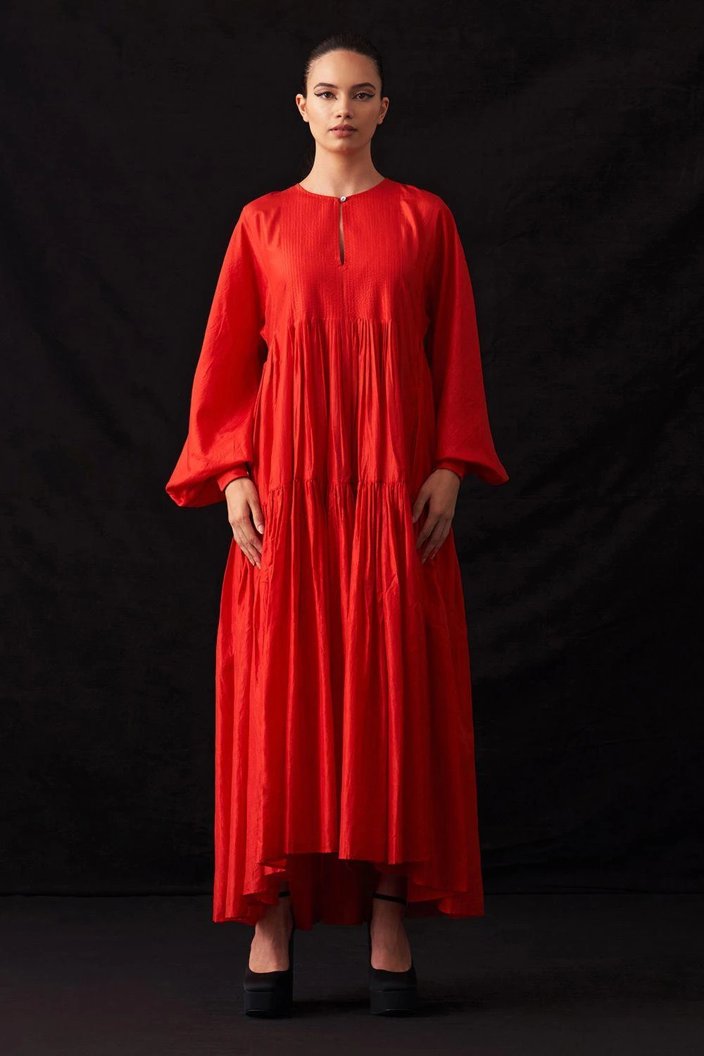 Amrich Ari Rose Red Silk Woven Pleated Tiered Dress 3 Amrich Ari Rose Red Silk Woven Pleated Tiered Dress