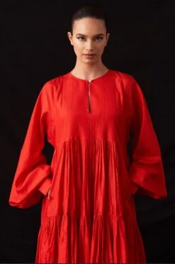 Amrich Ari Rose Red Silk Woven Pleated Tiered Dress 9 Amrich Ari Rose Red Silk Woven Pleated Tiered Dress -Inca Sales Store 41123am3 3