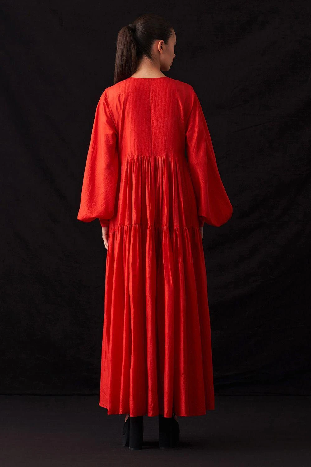 Amrich Ari Rose Red Silk Woven Pleated Tiered Dress 7 Amrich Ari Rose Red Silk Woven Pleated Tiered Dress - Image 5