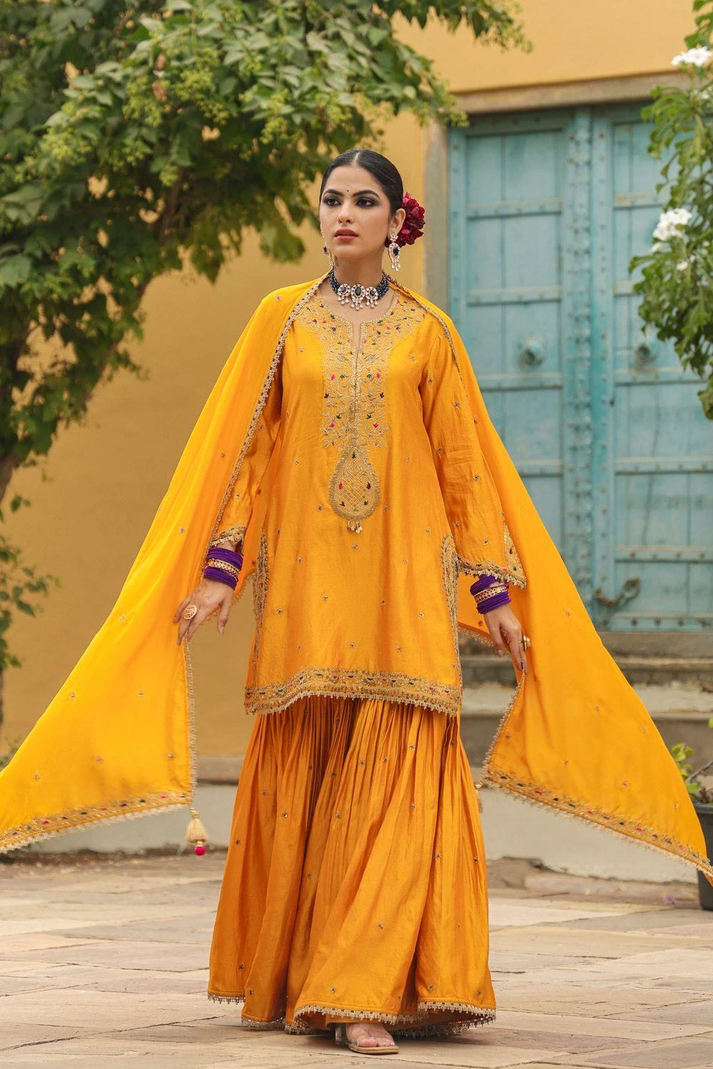 Niti Bothra Golden Yellow Bird Embroidered Sharara Set 4 Niti Bothra Golden Yellow Bird Embroidered Sharara Set - Image 2
