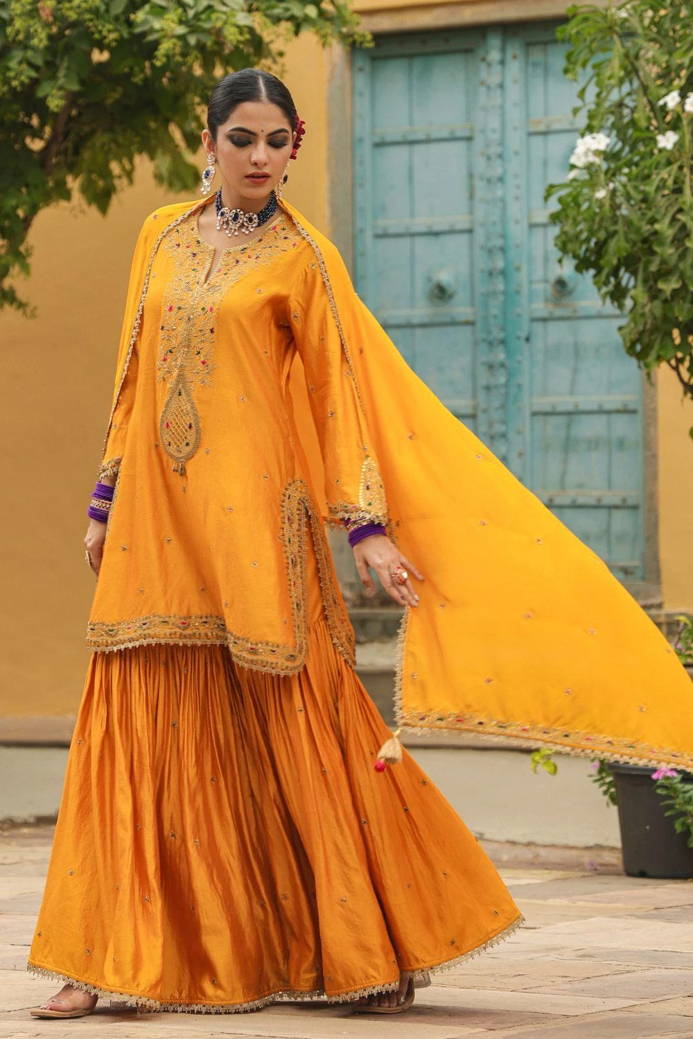 Niti Bothra Golden Yellow Bird Embroidered Sharara Set 5 Niti Bothra Golden Yellow Bird Embroidered Sharara Set - Image 3