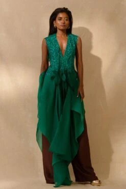Richa Khemka Emerald Green Ruffle Cape & Brown Jumpsuit 6 Richa Khemka Emerald Green Ruffle Cape & Brown Jumpsuit -Inca Sales Store 426064 2