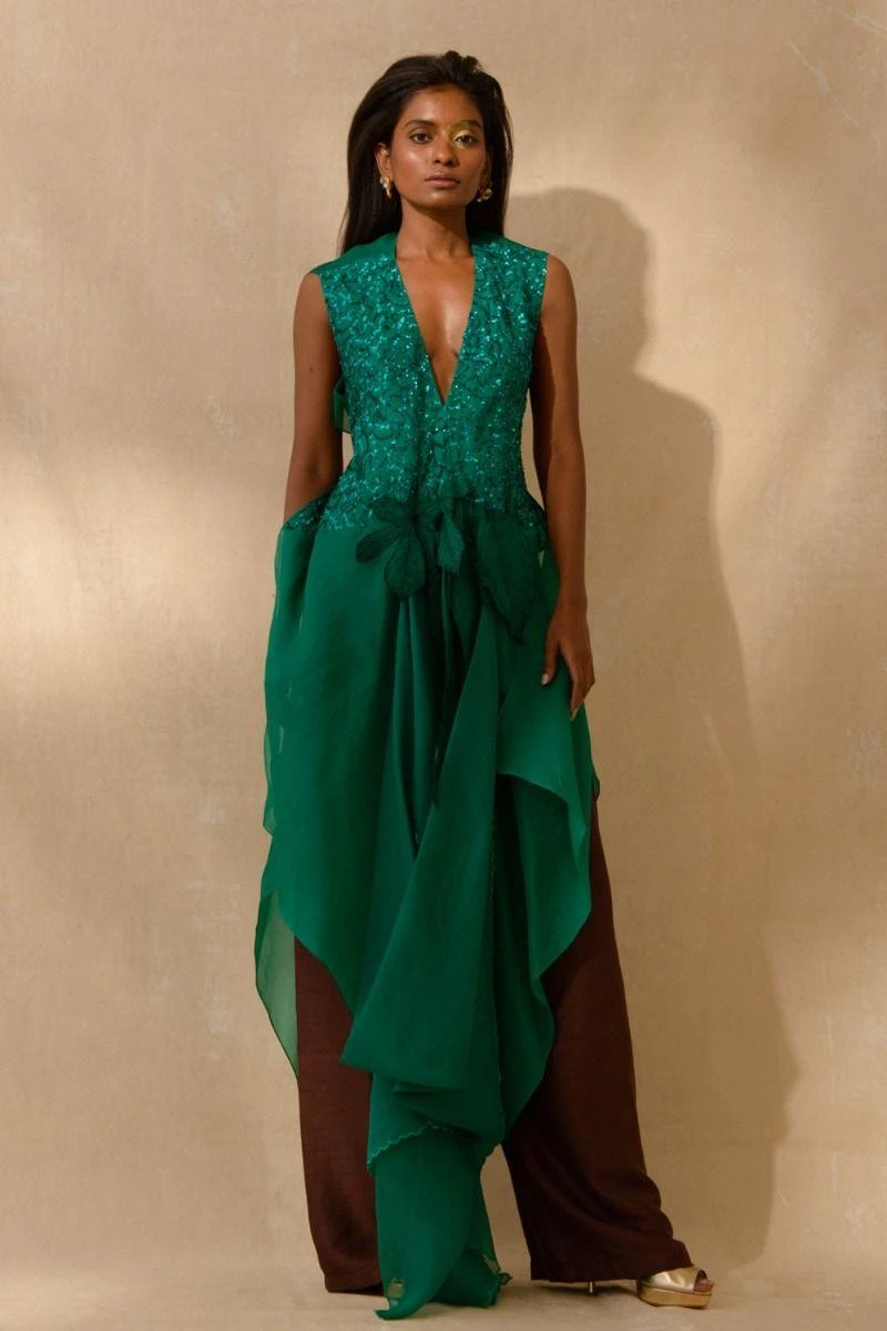 Richa Khemka Emerald Green Ruffle Cape & Brown Jumpsuit 4 Richa Khemka Emerald Green Ruffle Cape & Brown Jumpsuit - Image 2