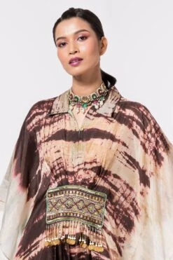 CAPISVIRLEO Ivory & Brown Tie-dye Collared Kaftan -Inca Sales Store 44cp4 4