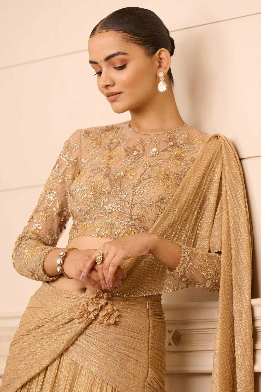 Tarun Tahiliani Champagne Gold Draped Lehenga Set 4 Tarun Tahiliani Champagne Gold Draped Lehenga Set - Image 2