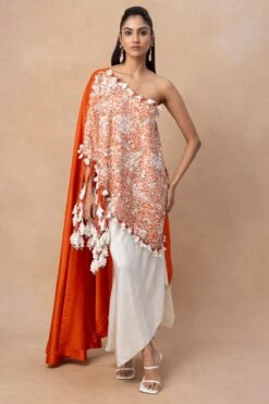 Anamika Khanna Orange Embellished One Shoulder Cape Set