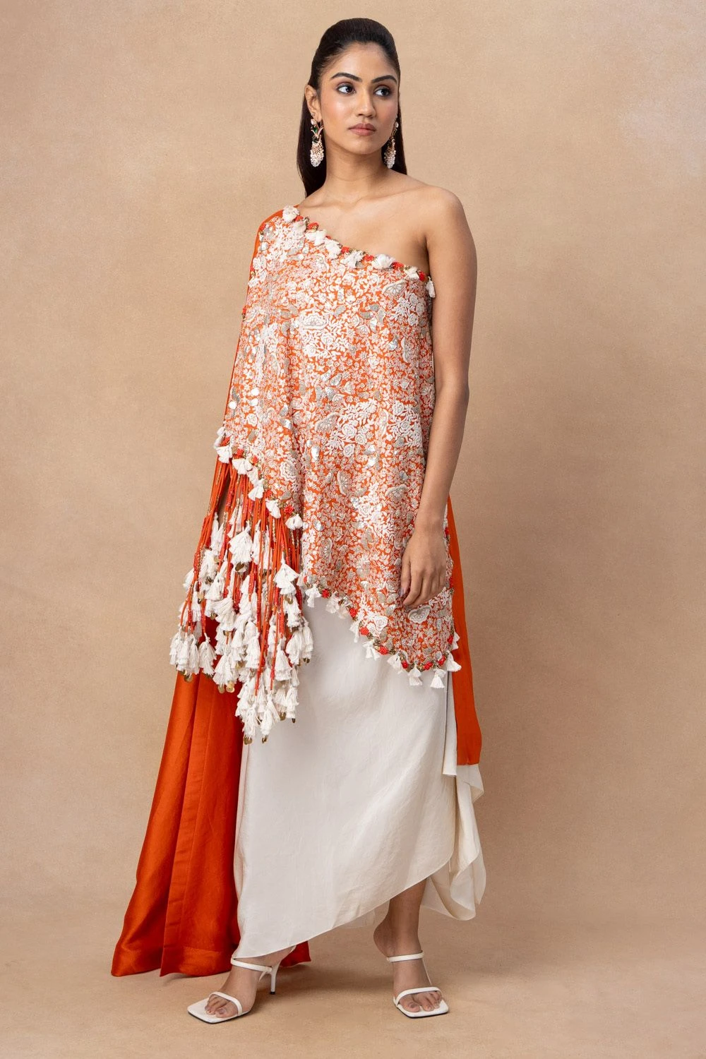 Anamika Khanna Orange Embellished One Shoulder Cape Set 4 Anamika Khanna Orange Embellished One Shoulder Cape Set - Image 2