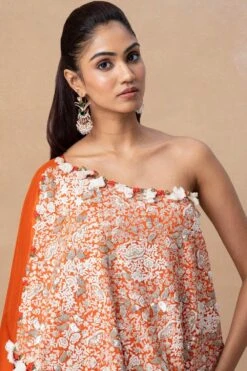 Anamika Khanna Orange Embellished One Shoulder Cape Set 10 Anamika Khanna Orange Embellished One Shoulder Cape Set -Inca Sales Store 4723ak12 4