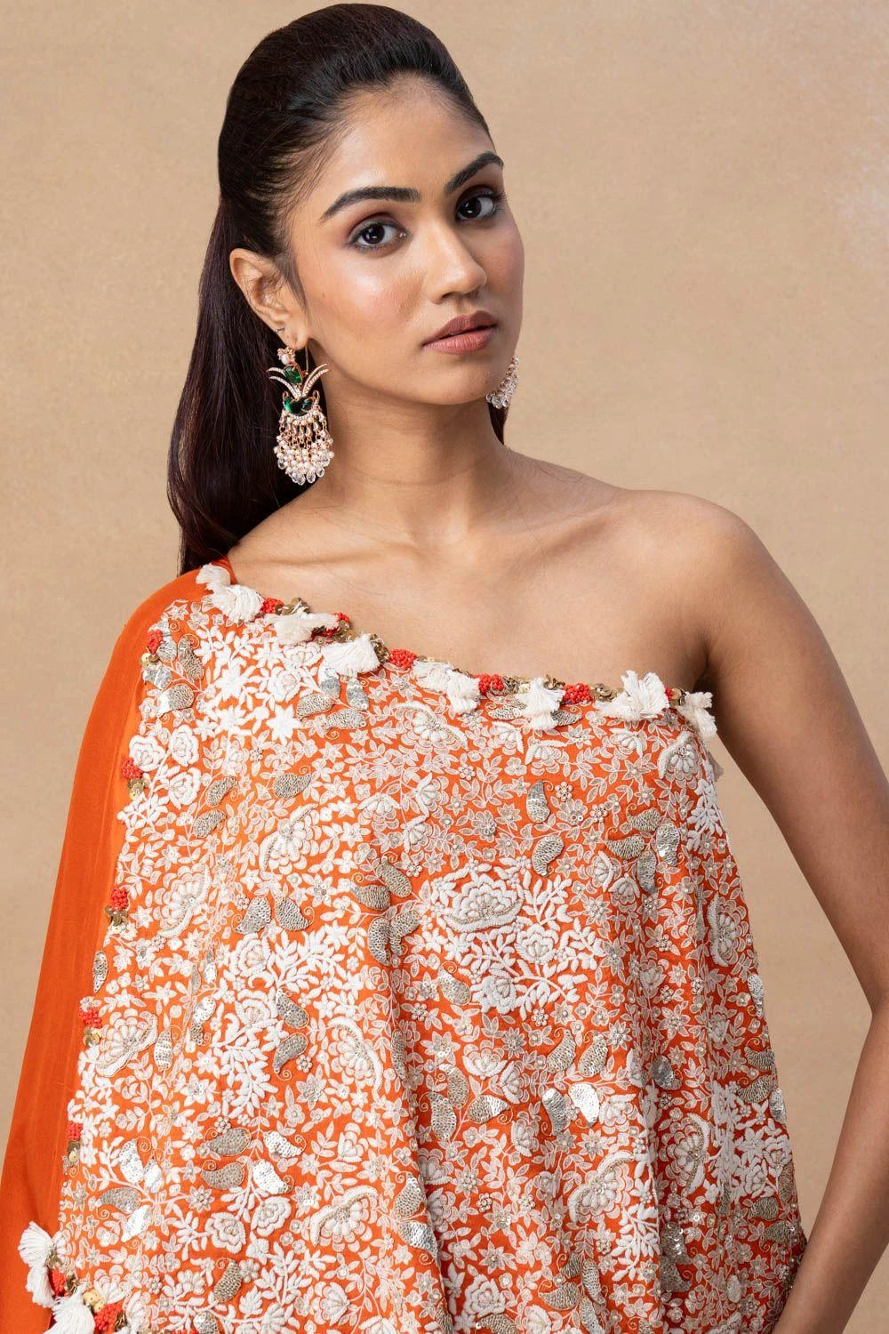 Anamika Khanna Orange Embellished One Shoulder Cape Set 6 Anamika Khanna Orange Embellished One Shoulder Cape Set - Image 4