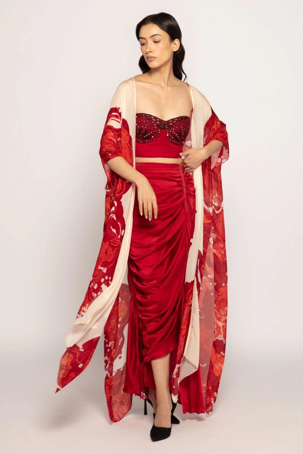 Saaksha & Kinni Maroon Bandhani Printed Cape Set 3 Saaksha & Kinni Maroon Bandhani Printed Cape Set