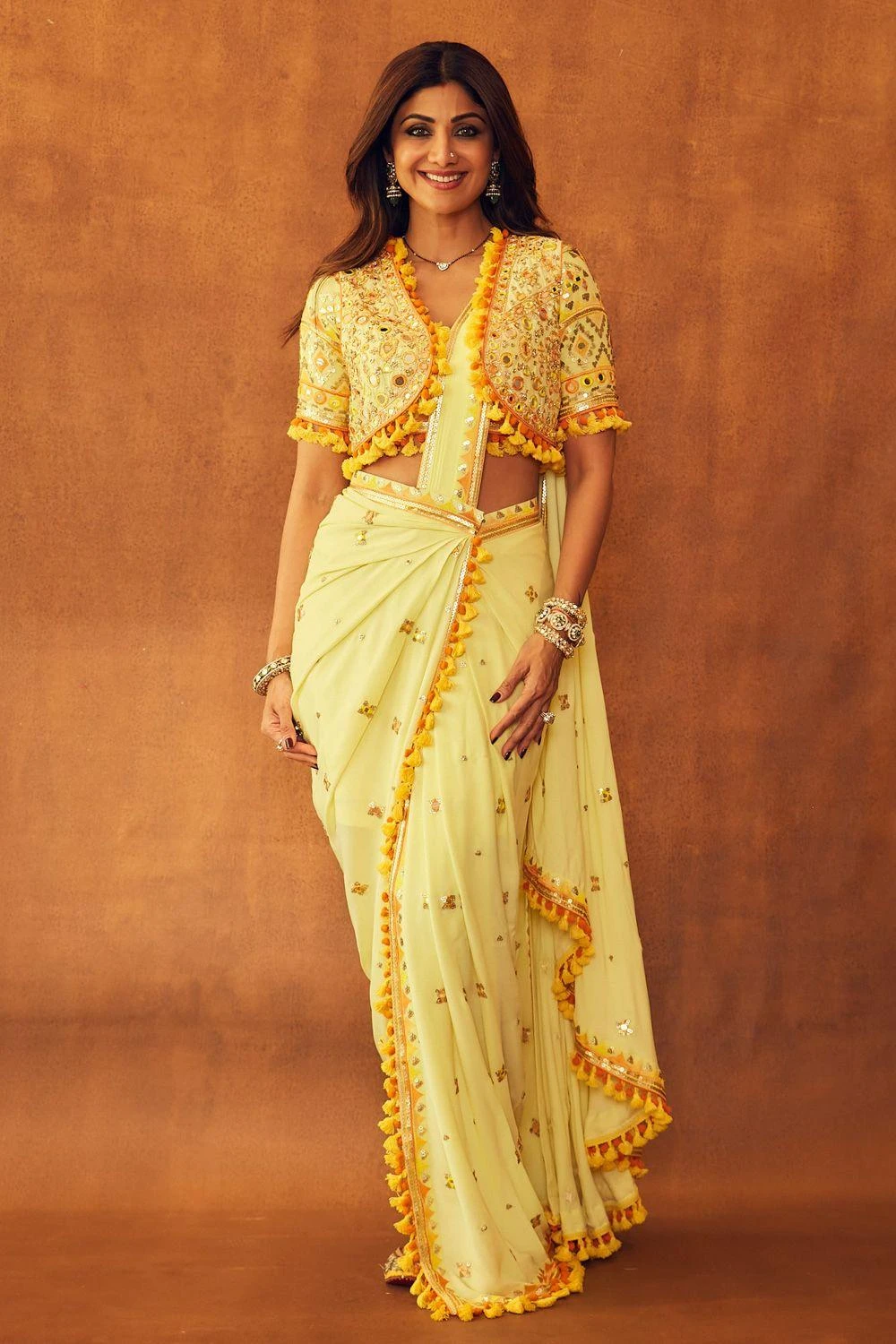 Gopi Vaid Yellow Mirror Embellished Draped Sari Set 3 Gopi Vaid Yellow Mirror Embellished Draped Sari Set