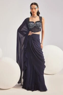 Divya Aggarwal Hertha Blue Sequin Adorned Pre-drape Sari Set