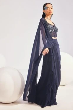 Divya Aggarwal Hertha Blue Sequin Adorned Pre-drape Sari Set -Inca Sales Store 5124pu41 3