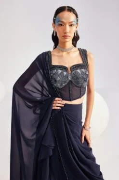 Divya Aggarwal Hertha Blue Sequin Adorned Pre-drape Sari Set -Inca Sales Store 5124pu41 4