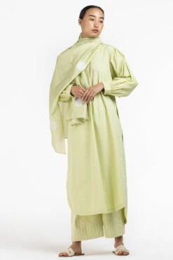 Three Pale Lime U-hem Gathered Tunic Set With Scarf