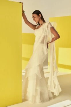 Ridhi Mehra Ivory Pearl Embellished Ruffle Sari Set