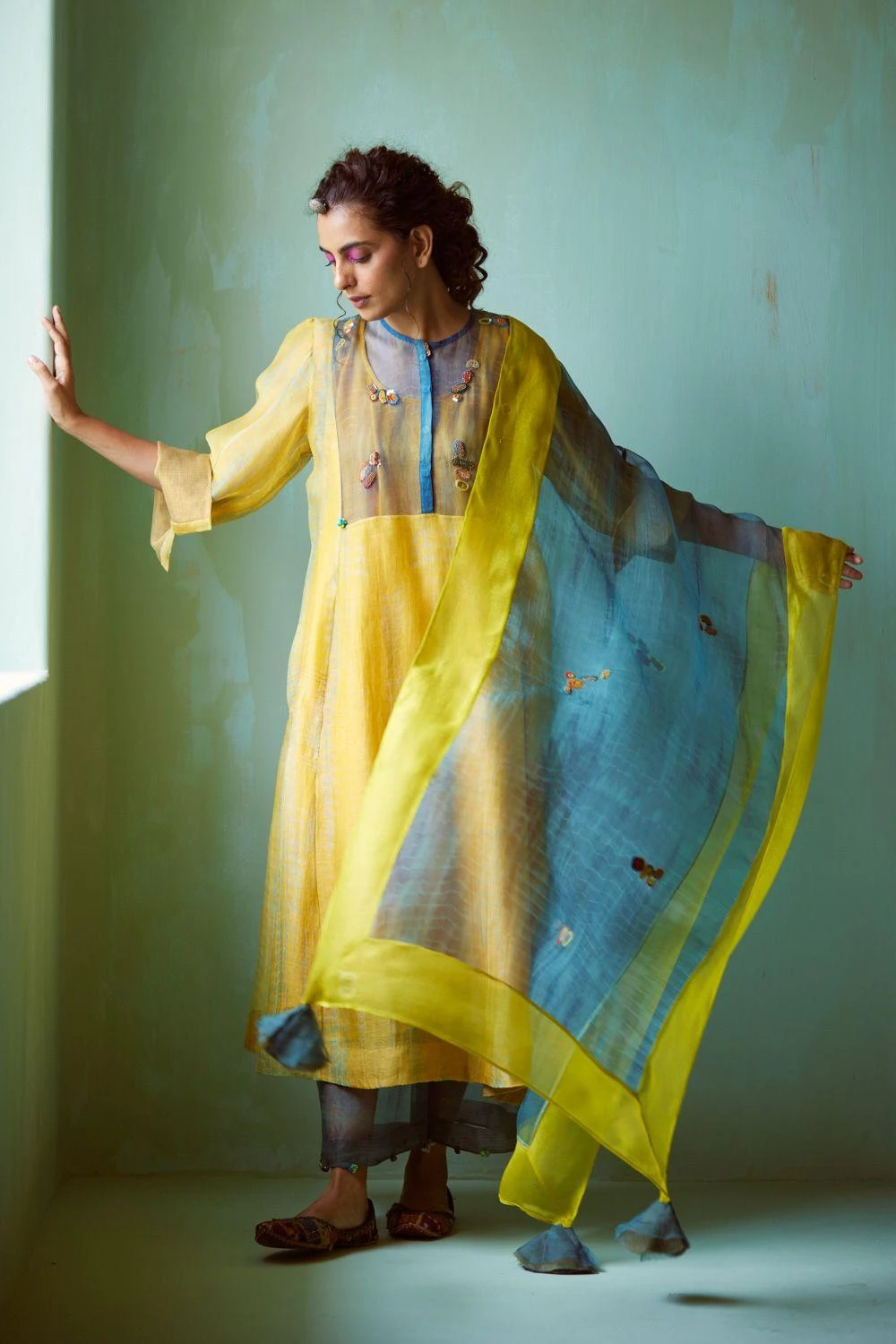 Medha Yellow Tie & Dye Hand Embellished Tunic Set 4 Medha Yellow Tie & Dye Hand Embellished Tunic Set - Image 2