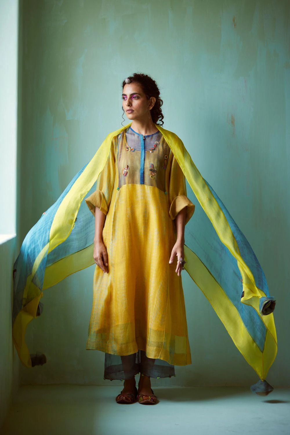 Medha Yellow Tie & Dye Hand Embellished Tunic Set 6 Medha Yellow Tie & Dye Hand Embellished Tunic Set - Image 4