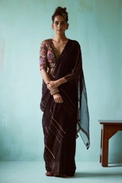 Medha Black Hand Embellished Patchwork Sari Set