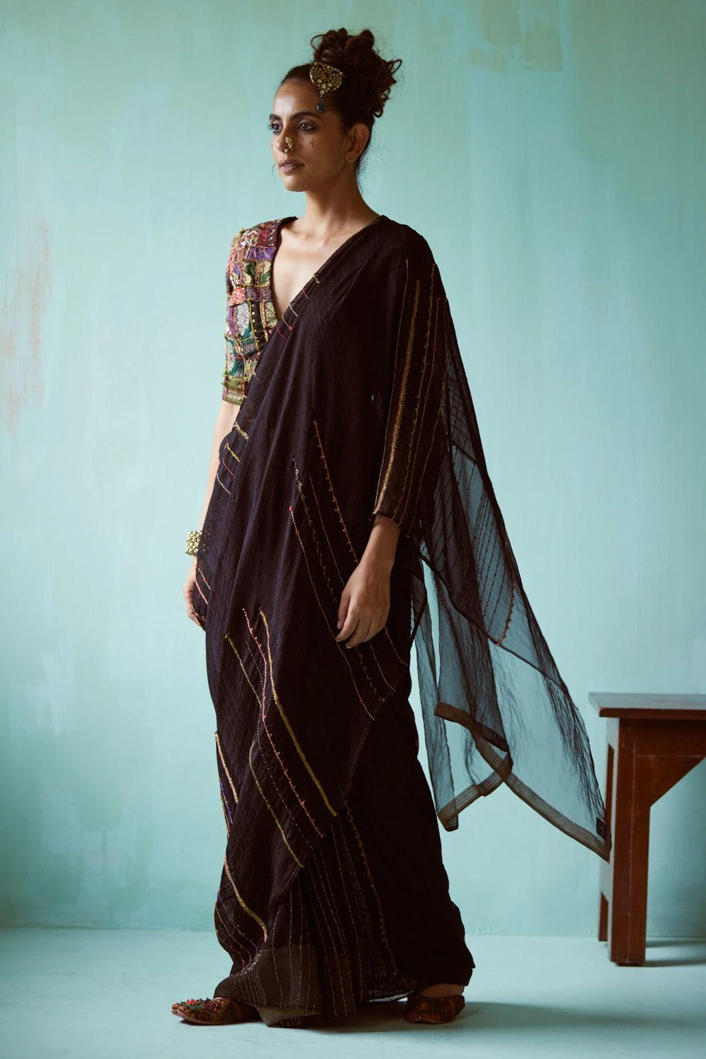Medha Black Hand Embellished Patchwork Sari Set 4 Medha Black Hand Embellished Patchwork Sari Set - Image 2
