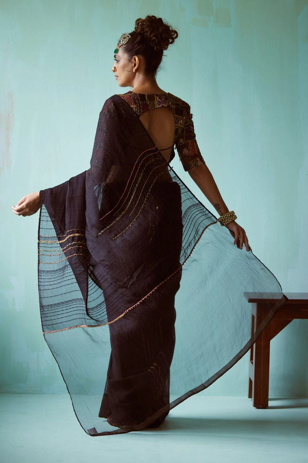 Medha Black Hand Embellished Patchwork Sari Set 6 Medha Black Hand Embellished Patchwork Sari Set - Image 4