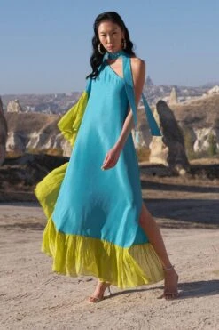 Twinkle Hanspal Lime & Turquoise One Shoulder Dress