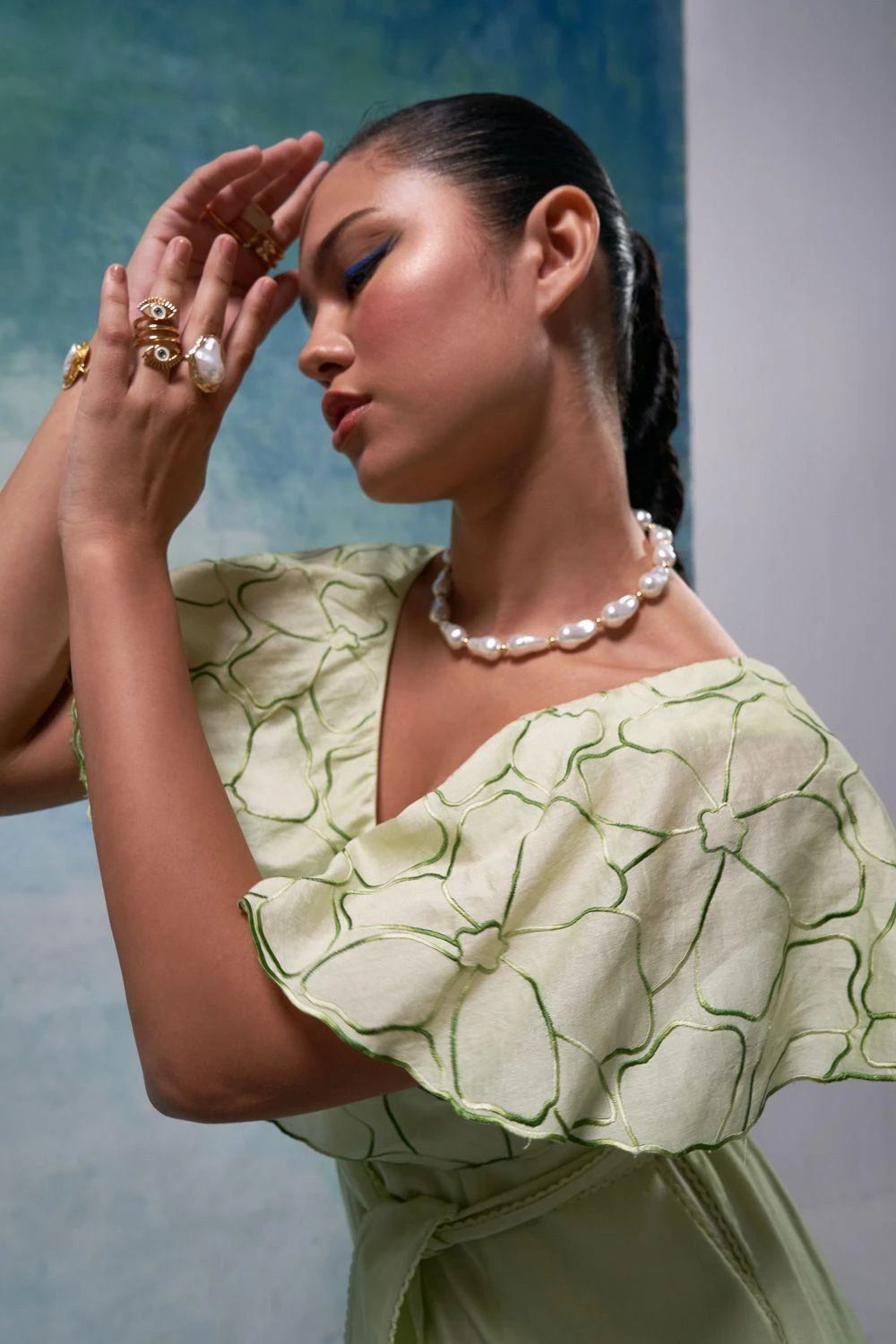 Sakshi Khetterpal Botanical Green Chanderi Frill Jumpsuit 4 Sakshi Khetterpal Botanical Green Chanderi Frill Jumpsuit - Image 2