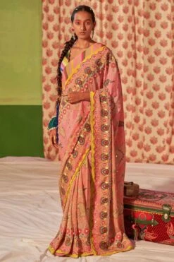 Siddhartha Bansal Twilight Pink Ombre Embroidered Sari Set