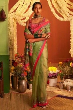 Siddhartha Bansal Sage Green Chevron Embroidered Sari Set