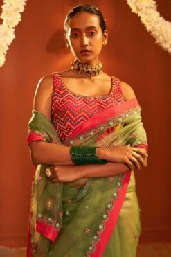 Siddhartha Bansal Sage Green Chevron Embroidered Sari Set -Inca Sales Store 62sb25 3